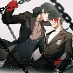  2boys amamiya_ren black_coat black_hair black_pants blood blood_on_face chain coat dual_persona emblem gloves grey_background hand_on_another&#039;s_waist hashtag-only_commentary highres joker_(persona_5) lluyss long_sleeves messy_hair multiple_boys no_eyes pants parted_lips persona persona_5 red_gloves school_uniform shirt shuujin_academy_school_uniform smile white_shirt 