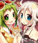  :d :o ahoge bad_id bad_pixiv_id bare_shoulders blue_eyes braid goggles goggles_on_head green_eyes green_hair gumi holding_hands ia_(vocaloid) looking_at_viewer multiple_girls open_mouth pink_hair short_hair smile star star-shaped_pupils symbol-shaped_pupils twin_braids uzuki_asa vocaloid 