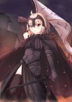  1girl absurdres ahoge armor black_armor blush breasts checkered_flag dress fate/grand_order fate_(series) fire flag grey_hair headpiece highres holding holding_flag jeanne_d&#039;arc_alter_(fate) large_breasts looking_at_viewer nugi_(armenci) short_hair smile solo thighhighs white_flag yellow_eyes 