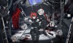  6+boys absurdres ahoge aotsuki_eito armband black_boots black_pants blood blood_in_hair blood_on_clothes blood_on_face blue_eyes boots chain chained clone commentary corpse crossed_arms disembodied_eye english_commentary gakuran geta glasses gloves grey_hair highres hole_in_chest hole_on_body kilo782524 last_defense_academy_school_uniform looking_at_viewer male_focus multicolored_hair multiple_boys pants reaching red_hair school_uniform scythe short_hair spoilers stage stage_lights streaked_hair string string_of_fate sumino_takumi sword the_hundred_line_-last_defense_academy- weapon white_armband white_gloves 