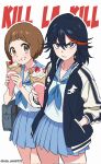  2girls annoyed black_hair blue_eyes blue_skirt bob_cut brown_hair copyright_name food fruit highres ice_cream jacket kill_la_kill looking_at_viewer mankanshoku_mako matoi_ryuuko medium_hair multicolored_hair multiple_girls pleated_skirt sailor simple_background sisi_am1011 skirt strawberry streaked_hair sukajan twitter_username upper_body white_background 