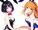  2girls animal_ears bare_arms bare_legs black_hair black_leotard blue_bow blue_hairband blue_leotard blush bow bowtie breasts brown_eyes brown_hair character_request cleavage detached_collar fake_animal_ears fake_tail floating_hair grey_eyes hair_bow hairband heterochromia leotard long_hair medium_breasts medium_hair multiple_girls parted_lips pink_hair playboy_bunny rabbit_ears rabbit_tail red_bow red_bowtie red_eyes shiny_skin simple_background strapless strapless_leotard tail take_(user_tnuv3534) virtual_youtuber white_background white_wrist_cuffs wrist_cuffs 