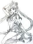  1girl absurdres bishoujo_senshi_sailor_moon boots bow bowtie breasts choker circlet covered_navel crescent crescent_earrings double_bun earrings elbow_gloves gloves greyscale hair_bun heart heart_choker high_heel_boots high_heels highres i4teruz jewelry knee_boots long_hair magical_girl miniskirt monochrome pleated_skirt sailor_collar sailor_moon sailor_senshi sailor_senshi_uniform sketch skirt solo standing standing_on_one_leg tsukino_usagi twintails 