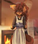 2023 absurd_res anthro apogee_(tinygaypirate) braided_hair bridge_piercing brown_eyes brown_hair brown_tail canid canine canis clothed clothed_anthro clothed_female clothing collarbone domestic_dog ear_piercing facial_piercing female fingers fully_clothed fur hair hi_res long_hair looking_at_viewer maid_uniform mammal neck_tattoo nose_piercing one_ear_up piercing portrait solo spitz tail three-quarter_portrait tinygaypirate uniform