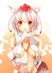  animal_ears bare_shoulders bottomless breasts detached_sleeves hat inubashiri_momiji kirushi_(killcy) large_breasts looking_at_viewer mouth_hold no_bra red_eyes short_hair sideboob silver_hair solo tail tail_censor tokin_hat touhou wolf_ears wolf_tail 
