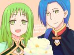  1boy 1girl blue_hair breasts cape cleavage green_eyes green_hair long_hair martel_yggdrasill open_mouth smile tales_of_(series) tales_of_symphonia yuan_ka-fai 