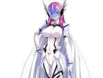  1girl blue_eyes bodysuit breasts cape covered_navel covered_nipples face_shield game_cg gentle_sasaki gloves hand_on_own_hip helmet large_breasts long_hair looking_at_viewer non-web_source official_art pink_hair prism_reica shindou_hatsune skin_tight smile solo soukou_senki_prism_reica transparent_background white_bodysuit 