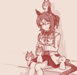  1girl animal_ears bow bowtie brown_theme character_doll closed_eyes closed_mouth clover_hair_ornament coat commentary_request cowboy_shot doll fine_motion_(umamusume) hair_ornament horse_ears horse_girl lowres monochrome multicolored_hair ponytail shiodanx shirt short_hair short_ponytail simple_background sitting skirt smile solo two-tone_hair umamusume 