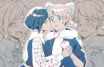 2girls b1ue_e4rth blue_eyes blue_hair blush closed_eyes collared_shirt commentary_request cone_hair_bun constricted_pupils double_bun frilled_shirt frilled_sleeves frills fukurai_azami gloves hair_bun highres holding_another&#039;s_wrist hood hood_down jasmine_(toshi_densetsu_kaitai_center) kiss kissing_cheek korean_commentary limited_palette long_sleeves multiple_girls partially_fingerless_gloves shirt short_hair sparkle standing surprised tears toshi_densetsu_kaitai_center upper_body yuri 