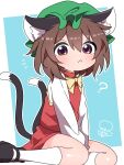  1girl :&lt; ? animal_ear_fluff animal_ears between_legs blue_background blush bow bowtie brown_eyes brown_hair cat_ears cat_tail chen commentary_request double-parted_bangs eyebrows_hidden_by_hair frills full_body hair_between_eyes hand_between_legs hat highres kneehighs long_sleeves looking_at_viewer mary_janes mob_cap multiple_tails nekomata notice_lines outline puffy_long_sleeves puffy_sleeves red_skirt red_vest shoes short_hair simple_background sitting skirt socks soesoe300 solo tail touhou two_tails vest white_outline white_socks yellow_bow yellow_bowtie yokozuwari 