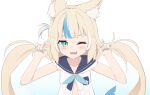  1girl animal_ear_fluff animal_ears blue_hair blue_nails cat_ears highres indie_virtual_youtuber long_hair multicolored_hair one_eye_closed sailor_collar sameko_saba sleeveless smile solo streaked_hair tenroy twintails virtual_youtuber 