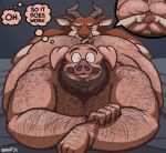 2025 anal antelope anthro balls beard bodily_fluids body_hair bovid domestic_pig duo english_text facial_hair genitals hi_res joe_(nanoff) male male/male mammal mustache nanoff oral rimming saliva sex suid suine surprised_face sus_(pig) text thought_bubble tongue tongue_out