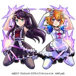  2girls animal_ears arms_up bare_shoulders belt belt_buckle black_belt black_choker black_dress black_gloves blush bow bowtie breasts buckle cat_ears cat_girl choker closed_mouth company_name copyright_name copyright_notice cosplay d&#039;artagnyan dress elbow_gloves flower frilled_dress frilled_sleeves frilled_socks frills full_body gloves glowing green_eyes grey_bow grey_bowtie grey_thighhighs hair_between_eyes hair_flower hair_ornament hands_on_own_head kazuno_leah kazuno_leah_(cosplay) kazuno_sarah kazuno_sarah_(cosplay) kneeling long_hair looking_at_viewer love_live! love_live!_sunshine!! lowres medium_breasts monster_strike multiple_girls official_art open_hands orange_hair purple_eyes purple_flower purple_hair saint_snow self_control!! shion_(monster_strike) short_hair short_sleeves smile socks symmetrical_pose thighhighs transparent_background white_dress white_thighhighs 