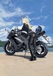  1girl animal_ear_fluff animal_ears ass biker_clothes bikesuit black_gloves black_pants blonde_hair blue_archive blue_eyes blue_halo blue_sky bodysuit breasts cloud cloudy_sky day dog_ears gloves hair_over_one_eye halo helmet highres kanna_(blue_archive) long_hair long_sleeves motor_vehicle motorcycle motorcycle_helmet on_motorcycle outdoors pants sky su-102 