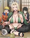  1boy 2girls alcohol aosora2823 bikini black_hair blonde_hair breasts brown_eyes choko_(cup) collarbone crying cup detached_leggings dice facial_mark forehead_mark green_bikini green_haori haori highres holding holding_cup huge_breasts indian_style indoors japanese_clothes looking_at_viewer multiple_girls naruto_(classic) naruto_(series) open_clothes pig red_nails shizune_(naruto) sitting streaming_tears swimsuit tears tonton_(naruto) tsunade_(naruto) uzumaki_naruto 