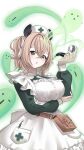  1girl apron arm_under_breasts breasts brown_bag brown_hair crossed_bangs dress f_yutaro79 green_dress green_eyes hair_between_eyes hair_ribbon hat highres holding holding_smoking_pipe indie_virtual_youtuber name_tag naplings_(nimi_nightmare) nimi_nightmare nurse_cap ribbon smoking_pipe tapir_girl virtual_youtuber white_apron white_hat white_ribbon 