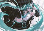  1girl aqua_eyes aqua_hair arm_tattoo armpits black_boots boots breasts chamal_z collared_shirt commentary full_body hatsune_miku long_hair looking_at_viewer necktie pleated_skirt shirt skirt small_breasts solo tattoo thigh_boots thighs very_long_hair vocaloid white_shirt 