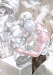  1boy abs bare_arms bare_shoulders brown_pants chisel english_commentary from_side grey_background highres holding holding_chisel honkai:_star_rail honkai_(series) implied_yaoi indoors jam8366 leaning_forward leaning_to_the_side marble_(stone) marble_sculpture muscular muscular_male mydei_(honkai:_star_rail) navel nipples pants phainon_(honkai:_star_rail) sculpting sculpture shade shirt short_hair sleeveless solo standing statue stomach table tank_top white_hair white_shirt white_tank_top 
