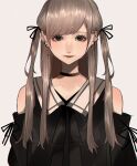  1girl absurdres aegyo_sal bare_shoulders black_choker black_dress black_eyes black_ribbon brown_hair choker collarbone commentary_request cross cross_earrings dress earrings eyelashes grey_background hair_ribbon highres jewelry latin_cross light_smile long_hair looking_at_viewer mano_aaa original red_lips ribbon simple_background solo swept_bangs two_side_up upper_body 