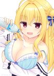  1girl :d ahoge arm_under_breasts bare_shoulders blonde_hair blue_bow blue_bra blush bottle bow bow_bra bra breasts cleavage clothes_pull collarbone commentary_request crossed_bangs double_bun eyes_visible_through_hair frilled_bra frills hair_between_eyes hair_bow hair_bun hair_intakes hamidashi_creative hand_up highres holding holding_bottle izumi_hiyori large_breasts long_hair long_sleeves nanatsu_(na_na_tsu) naughty_face open_mouth presenting_breasts red_eyes shirt shirt_pull sidelocks simple_background smile smug solo sparkle strap_slip twitter_username two_side_up underwear upper_body water water_bottle water_drop white_background white_shirt 