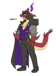 2025 4_fingers anaugi anthro black_hair bottomwear bracelet clothed clothing coat_cape david_(anaugi) dragon fingers fire footwear hair hand_in_pocket hi_res jewelry long_hair male mythological_creature mythological_scalie mythology necklace pants pockets red_body red_scales scales scalie shoes simple_background solo spines studded_bracelet studded_jewelry studs tail topwear vest white_background yellow_eyes