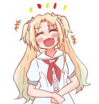  +++ 1girl :d amado_(amaddo_club) aqua_hair blonde_hair blue_dress blush commentary_request curtained_hair dress facing_viewer fang flower gradient_hair hair_flower hair_ornament hands_on_own_stomach hasu_no_sora_school_uniform highres laughing link!_like!_love_live! love_live! multicolored_hair neckerchief open_mouth osawa_rurino parted_bangs pink_flower puffy_short_sleeves puffy_sleeves red_neckerchief sailor_dress school_uniform short_sleeves simple_background skin_fang smile summer_uniform twintails upper_body virtual_youtuber white_background 