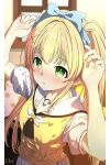  1girl absurdres artist_name ascot black_ascot blonde_hair blue_bow blush border bow cappu_chino1204 commentary cowboy_shot embarrassed eyebrows_hidden_by_hair fingernails green_eyes hair_between_eyes hair_bow hair_intakes hair_ornament hands_up highres indoors long_hair looking_at_viewer nose_blush open_mouth puffy_short_sleeves puffy_sleeves ringed_eyes sailor_collar school_uniform serafuku shirt short_sleeves sidelocks skirt solo straight_hair summer_pockets summer_pockets_school_uniform sweater_vest tsumugi_wenders twintails very_long_hair wavy_mouth white_border white_sailor_collar white_serafuku white_shirt white_skirt x_hair_ornament yellow_sweater_vest 