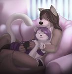 anthro canine cat cuddling duo feline feminine girly male mammal mistresssparkles piercing smile sofa underwear video_games wolf 