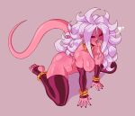 absurd_res andoid_21 android_21 areola armwear big_breasts big_butt big_hair black_sclera blush bodily_fluids breasts butt clothing colored_nails dragon_ball dragon_ball_fighterz ear_piercing ear_ring feet female grey_background hair heart_symbol hi_res humanoid humanoid_pointy_ears jewelry kneeling legwear long_tail long_tongue looking_at_viewer majin majin_android_21 mostly_nude nails necklace nipples piercing pink_areola pink_body pink_nipples pointy_ears purple_armwear purple_clothing purple_legwear purple_nails purple_thigh_highs red_eyes ring_piercing saliva simple_background solo tail tailed_humanoid thebeanghost_(artist) thick_thighs thigh_highs tongue tongue_out white_hair wide_hips