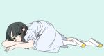  1girl black_hair blue_background blue_dress blunt_bangs blunt_ends bob_cut commentary_request dress flower flower_knot full_body green_eyes hair_flower hair_ornament hasu_no_sora_school_uniform kneehighs link!_like!_love_live! love_live! lying medium_dress momose_ginko puffy_short_sleeves puffy_sleeves school_uniform shinanoya_(satanicad) shoes short_hair short_sleeves simple_background socks solo summer_uniform uwabaki virtual_youtuber white_flower white_socks yellow_shoes 
