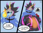 anthro bandai_namco belly big_belly black_body black_sclera blue_tongue blush bodily_fluids cape clothing digimon digimon_(species) duo english_text eyewear glasses gulusgammamon horn ifus long_tongue male navel overweight saliva soul_vore text tongue vore
