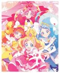  2022 4girls akagi_towa amanogawa_kirara antenna_hair arms_up artist_name artist_request bare_shoulders big_hair black_ribbon blonde_hair blue_eyes blue_hair blue_shirt blue_skirt blunt_bangs border bow bowtie braid bridal_gauntlets brooch brown_hair bubble buttons choker closed_mouth collar collarbone collared_shirt colored_tips copyright_name cowboy_shot crop_top cure_flora cure_mermaid cure_scarlet cure_twinkle detached_collar detached_sleeves dot_nose dress earrings eyelashes flower flower_brooch flower_choker flower_earrings frilled_gloves frills gloves go!_princess_precure gold_tiara gradient_hair hair_bobbles hair_bun hair_ornament hair_ribbon happy haruno_haruka hat_ornament holding holding_petal hydrokinesis jewelry kaidou_minami leaning_forward long_hair low_twintails magical_girl midriff miniskirt multicolored_hair multiple_girls navel neck_ribbon necklace open_mouth outstretched_hand parted_bangs pearl_necklace petals petticoat pink_background pink_bow pink_bowtie pink_dress pink_hair pleated_skirt pleated_sleeves pointy_ears precure puffy_short_sleeves puffy_sleeves purple_bow purple_bowtie purple_eyes purple_hair red_dress red_eyes red_hair ribbon shell_hair_ornament shirt short_dress short_sleeves single_braid single_hair_bun skirt skirt_hold sleeveless sleeveless_shirt smile source_request sparkle sphere_earrings square_neckline star_(symbol) star_hat_ornament strapless strapless_dress streaked_hair tareme third-party_source tiara train_(clothing) twintails two-tone_hair two_side_up very_long_hair waist_bow water white_border white_bridal_gauntlets white_collar white_flower white_gloves white_ribbon white_sleeves wide_sleeves wing_hair_ornament wrist_flower yellow_dress 