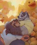 0rang3 anthro arm_tuft badger bear beard biped bottomwear brown_body clothing denim denim_bottomwear denim_clothing duo ear_piercing ear_ring echo_(series) echo_project eyes_closed facial_hair facial_piercing fur gamu_(gamubear) grey_body grey_fur hair hi_res jeans looking_at_another looking_at_partner male male/male mammal mouth_closed multicolored_body muscular muscular_anthro muscular_male mustelid musteline nikolai_krol nose_piercing open_mouth pants piercing ring_piercing rubber_duck rubber_duck_on_head shirt tail the_smoke_room topwear tuft two_tone_body white_clothing white_shirt white_topwear yellow_clothing yellow_shirt yellow_topwear