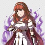  1girl absurdres armor aura breastplate cape celica_(fire_emblem) celica_(imprisoned_soul)_(fire_emblem) choker dark_aura dress earrings enluna53 evil_smile fingerless_gloves fire_emblem fire_emblem_echoes:_shadows_of_valentia gloves highres holding holding_sword holding_weapon jewelry long_hair princess red_eyes red_hair smile sword tiara weapon white_armor white_dress witch 