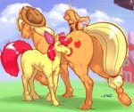  0r0ch1 apple apple_bloom_(mlp) applebloom_(mlp) applejack_(mlp) blonde_hair blue_eyes blush brown_eyes butt cowboy_hat cub cutie_mark equine female feral freckles friendship_is_magic fruit green_eyes hair hat horse lagomorph looking_back male mammal my_little_pony orange_hair pony ponytail rabbit red_hair young 