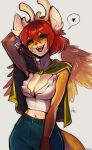 2025 absurd_res anthro antlers bottomwear breasts brown_body brown_fur brown_tail clothed clothed_anthro clothed_female clothing deer digital_media_(artwork) feathers female front_view fully_clothed fully_clothed_anthro fully_clothed_female fur furlana gloves green_eyes hair handwear hi_res horn mammal navel open_mouth open_smile pants red_hair simple_background smile solo standing tail teeth tongue topwear wings