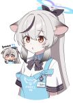  1girl absurdres angel&#039;s_24_uniform_(blue_archive) animal_ears apron black_hair blue_apron blue_archive blue_halo bow bowtie brown_eyes grey_hair halo highres kokona_(blue_archive) long_hair multicolored_hair polo_shirt ponytail short_sleeves store_clerk streaked_hair striped_bow striped_bowtie striped_clothes tiger_ears tiger_girl vector_(dmlddmld00) very_long_hair 