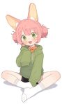  1girl :d animal_collar animal_ear_fluff animal_ears ankle_socks bike_shorts black_shorts blush borrowed_character collar commentary_request double_bun drawstring fang full_body green_eyes green_hoodie hair_bun hand_up highres hood hood_down hoodie indian_style long_sleeves looking_ahead lupus_(nakajima_lupus) no_shoes open_mouth original pink_hair possummachine rabbit_ears rabbit_girl red_collar shadow short_hair shorts simple_background sitting sleeves_past_fingers sleeves_past_wrists smile socks solo white_background white_socks 