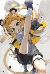  1girl animal_ears black_gloves black_shoes black_shorts blonde_hair breasts elbow_gloves fingerless_gloves floating_hair gloves green_eyes grey_hair jacket ju_fufu long_hair looking_at_viewer multicolored_hair scottie_(phantom2) shirt shoes short_sleeves shorts small_breasts socks solo tail tiger_ears tiger_girl tiger_tail white_socks yellow_jacket zenless_zone_zero 