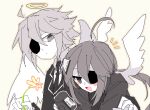  1boy 1girl ahoge alela_grora_(funamusea) black_jacket black_necktie blush closed_mouth collared_shirt colored_skin dot_nose expressionless eyepatch flower funamusea grey_eyes grey_hair grey_jacket haiiro_teien hair_ornament hair_over_eyes hairclip halo hand_up happy holding holding_flower jacket kakketsu looking_at_another looking_down low_ponytail medium_hair necktie nose on_shoulder open_mouth pixel_art ponytail shirt short_hair sidelocks simple_background spiked_hair v-shaped_eyebrows white_skin white_wings wings wodahs_(funamusea) yellow_flower yellow_halo 