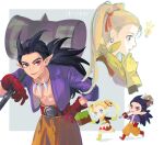  1boy 1girl :d aqua_eyes belt black_hair black_sleeves blonde_hair blue_eyes boots chibi club_(weapon) commentary_request cowboy_shot cube dragon_quest dragon_quest_builders_2 dress earrings fang female_builder_(dqb2) floating_hair fringe_trim gloves grey_background hair_horns hair_pulled_back hair_ribbon hammer hand_on_own_chin hand_on_own_hip high-waist_pants highres holding holding_club holding_hammer holding_weapon hoop_earrings jewelry leaning_forward light_bulb looking_to_the_side looking_up low_ponytail muscular muscular_male neckerchief necklace open_clothes open_mouth open_shirt orange_pants pants pointy_ears ponytail profile purple_shirt rayrayray003 red_belt red_boots red_dress red_eyes red_gloves red_ribbon ribbon shirt sidoh_(dqb2) skin_fang skull_belt smile spiked_club spiked_hair tooth_necklace twintails two-tone_dress weapon white_background white_dress yellow_boots yellow_gloves yellow_neckerchief 