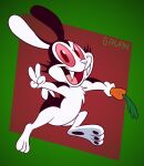 2023 anthro artist_name black_body black_ears black_fur black_tail bunnicula bunnicula_(series) carrot digital_media_(artwork) fangs food fur gavanzude gesture hand_gesture hi_res holding_carrot holding_food holding_object holding_vegetable lagomorph leporid long_ears looking_at_viewer male mammal multicolored_body multicolored_fur pink_sclera plant pose rabbit red_eyes scut_tail sharp_teeth short_tail smile solo tail teeth text three-quarter_view tongue two_tone_body two_tone_fur two_tone_tail v_sign vampire vegetable white_body white_fur white_nose white_tail