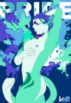 abstract_background absurd_res animal_genitalia anthro bell bell_collar blue_hair blue_inner_ear blue_nipples blue_nose blue_tongue collar eyes_closed fangs felid fully_sheathed fur genitals green_body green_fur hair hand_behind_head hi_res male male_anthro mammal nipples nude open_mouth open_smile portrait sheath short_hair side_view smile solo standing teeth three-quarter_portrait tongue vesper_art white_body white_fur