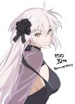  1girl absurdres ahoge black_dress breasts das_(dan_dan) dress earrings fate/grand_order fate_(series) flower grey_hair grin hair_flower hair_ornament highres jeanne_d&#039;arc_alter_(fate) jeanne_d&#039;arc_alter_(over_the_same_sky)_(fate) jewelry large_breasts long_hair long_sleeves looking_at_viewer purple_sleeves smile solo very_long_hair yellow_eyes 