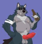 alcohol anthro arm_hair balls bandage bandaged_arm beer beer_bottle belly beverage black_eyes blue_body body_hair bored bottle canid canine canis chest_hair container digital_media_(artwork) eye_scar facial_scar fluffy fluffy_balls frown genitals glowing glowing_eyes happy_trail humanoid knot knotted_penis looking_at_viewer male mammal monotone_background mr._grey_(password) myuger notched_ear nude password_(visual_novel) penis pixel_(artwork) pubes pupils saggy_balls scar slightly_chubby solo tail white_pupils wolf