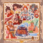  4boys 4girls albabg arm_tattoo armlet border bow bracelet brother_and_sister brown_eyes brown_hair commentary_request cow_horns cropped_head cropped_legs cropped_shoulders cropped_torso dango daruma_doll earrings eel english_commentary father_and_daughter fish flying_fish food green_hair hair_bow hair_ornament hair_stick hat hat_on_back holding holding_sword holding_weapon horns japanese_clothes jewelry kaidou_(one_piece) kouzuki_hiyori kouzuki_momonosuke liquid_weapon long_hair low_ponytail monkey_d._luffy multicolored_hair multiple_boys multiple_girls muscular muscular_male nail_polish nami_(one_piece) nico_robin one_piece orange_hair ornate_border parted_bangs pectorals petals ponytail roronoa_zoro scar scar_across_eye scar_on_chest scar_on_face short_hair siblings single_earring sleeveless sparkle star_(symbol) straw_hat sword tattoo toon_(style) topless_male wagashi waves weapon white_hair wispy_bangs yamato_(one_piece) 