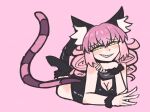  1girl animal_ear_fluff animal_ears arm_cuffs bare_shoulders black_dress black_shoes black_souls black_souls_2 black_wrist_cuffs blush breasts cat_ears cat_girl cat_tail cheshire_cat_(black_souls) choker cleavage curly_hair double_bun dress feet_up furrowed_brow glowing glowing_eyes grey_choker hair_bun hair_over_eyes hand_on_own_face looking_at_viewer lying m8n8xide multicolored_hair on_stomach pink_background pink_hair pink_tail shoes sidelocks sleeveless slit_pupils smug solo striped_tail tail teeth white_fur wrist_cuffs yellow_eyes 