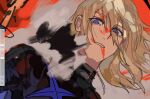  1boy armor art_program_in_frame black_armor blonde_hair blood blood_on_face blue_eyes breastplate dimitri_alexandre_blaiddyd dimitri_alexandre_blaiddyd_(timeskip) fire_emblem fire_emblem:_three_houses floating_hair highres looking_down male_focus otorixxx parted_lips red_pupils solo teeth unfinished upper_body 