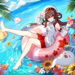  1girl absurdres ball bare_legs bare_shoulders barefoot blue_sky boo_tao_(genshin_impact) breasts brown_hair brown_skirt cloud commentary copyright_name cup day detached_sleeves drink english_commentary eyewear_on_head food full_body genshin_impact glasses hat highres holding holding_cup horizon hu_tao_(genshin_impact) innertube knees logo long_hair long_sleeves looking_at_viewer ocean official_art outdoors red_eyes skirt sky small_breasts solo swim_ring toes very_long_hair water white_sleeves 