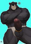 accessory anthro asian_clothing balls bear blush bottomwear clothing cock_ring crossed_arms digital_drawing_(artwork) digital_media_(artwork) east_asian_clothing ere erection eyebrows fangs foreskin fundoshi fur genitals glans hi_res japanese_clothing jewelry male mammal penis penis_accessory penis_jewelry radcanine simple_background solo standing teeth underwear